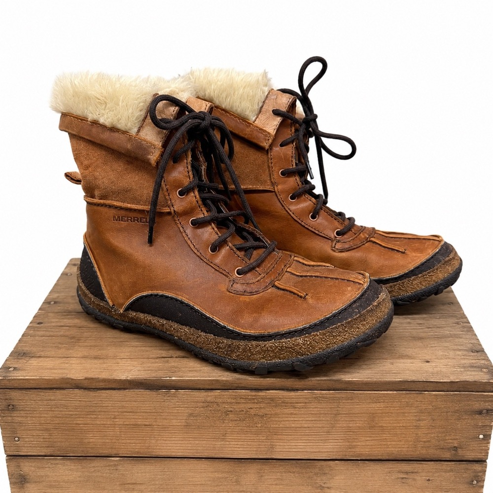 Merrell Oak Waterproof Duck Boots Womens Size 8 Brown Leather Faux Fur J45724